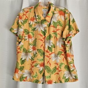 Lizgolf 100% silk structured button front short sleeve shirt Hawaiian print